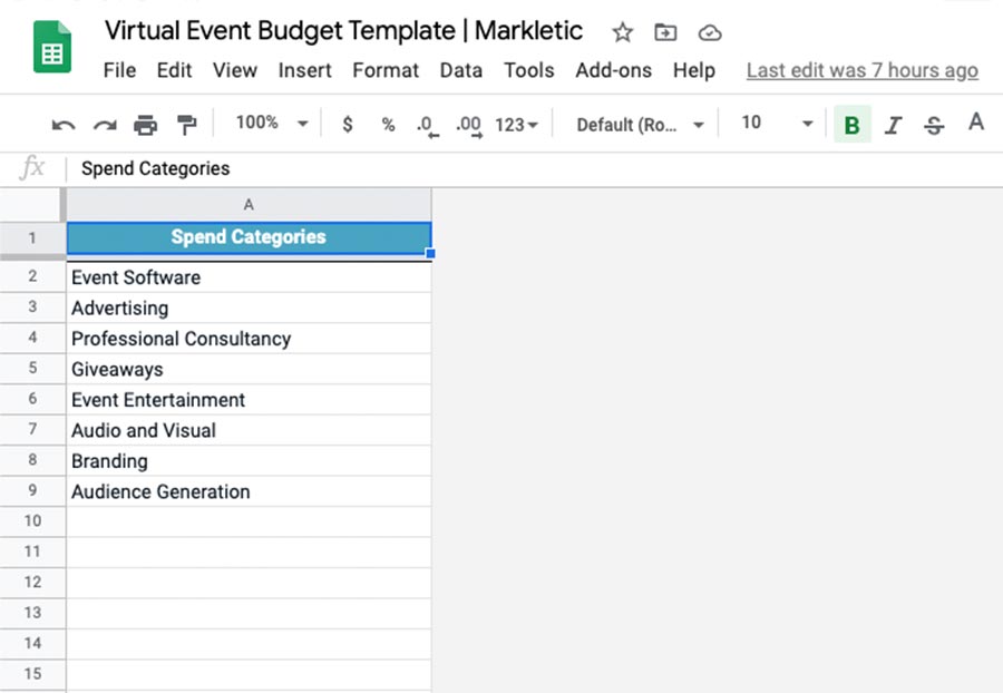 Spend Categories in Virtual Event Budget Template