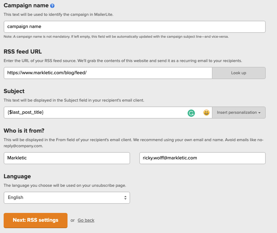 Basic Settings - Mailerlite RSS Campaign